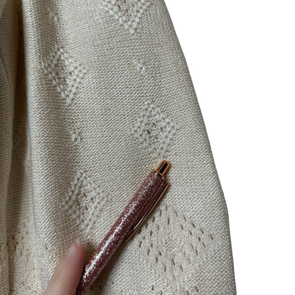 St. John Vintage Cardigan Balloon Sleeve Wool Blend Pointelle Knit Cream Large - Picture 7 of 10